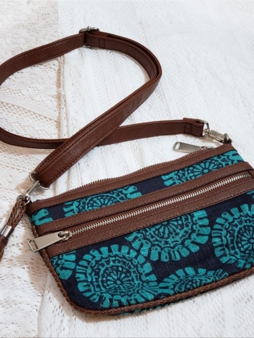 Brown and Teal Patterned Crossbody Bag